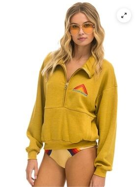 Aviator Nation Mustard Yellow Half-Zip Sweatshirt with Rainbow Logo